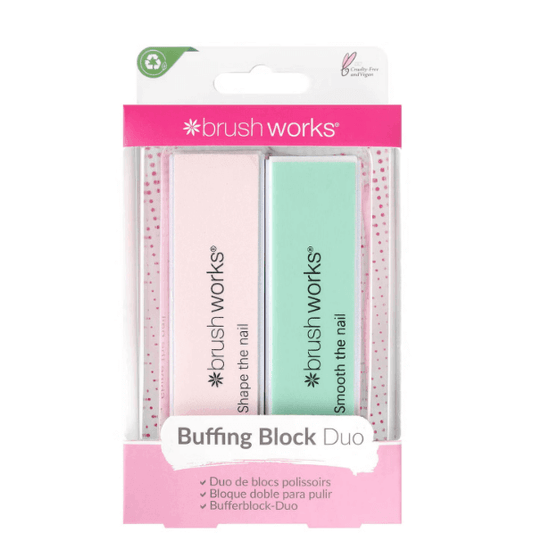 Brushworks Pastle Buffing Block Duo, featuring pink and green blocks for shaping and smoothing nails.