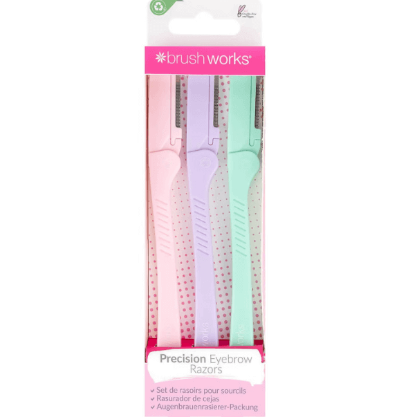 Brushworks Precision Eyebrow Razors pack of 3 in pastel colors for painless hair removal and smooth skin.