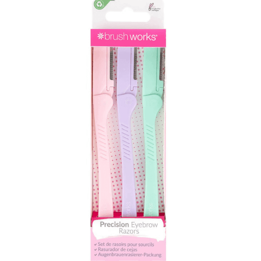 Brushworks Precision Eyebrow Razors pack of 3 in pastel colors for painless hair removal and smooth skin.