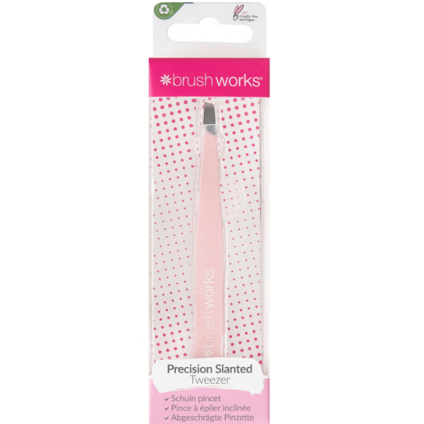 Brushworks Precision Slanted Tweezers in pink packaging for precise eyebrow grooming and eyelash application.