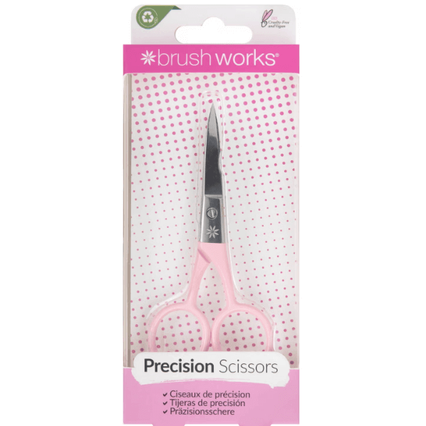 Brushworks Precision Straight Scissors in pink packaging, high-quality stainless steel for effortless grooming.