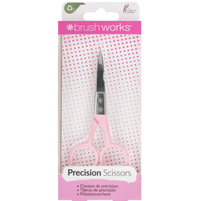 Brushworks Precision Straight Scissors in pink packaging, high-quality stainless steel for effortless grooming.