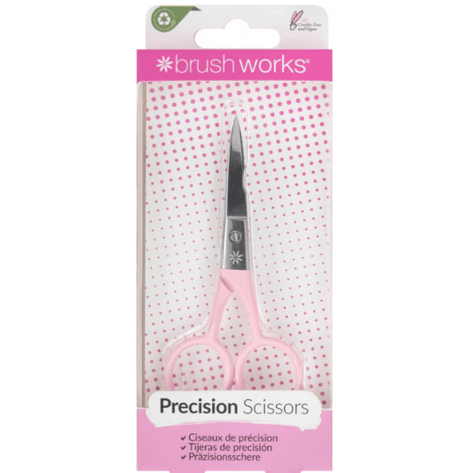 Brushworks Precision Straight Scissors in pink packaging, high-quality stainless steel for effortless grooming.