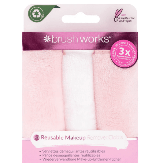 Brushworks Makeup Remover Cloths 3 Pack, ultra-soft microfiber, eco-friendly, reusable, cruelty-free and vegan.