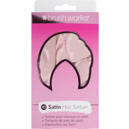 Brushworks Satin Hair Turban packaging, designed to reduce frizz and preserve curls overnight with silky fabric.
