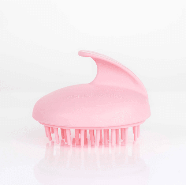 Brushworks Scalp Massaging Brush in pink, designed for gentle scalp cleansing and product build-up removal.