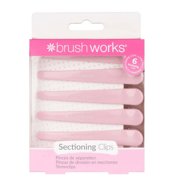 Brushworks Sectioning Clips pack of 6 in pink packaging for efficient hair styling and makeup routines.