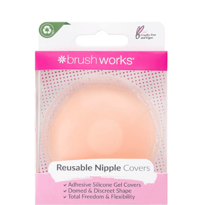 Brushworks Silicone Nipple Covers in packaging, adhesive silicone gel covers for discreet support under clothing.