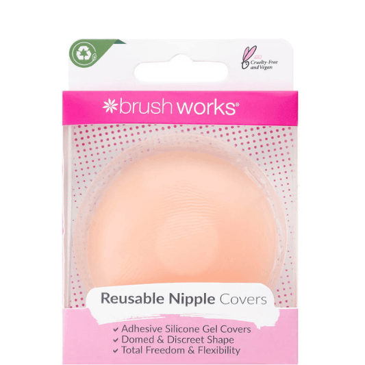Brushworks Silicone Nipple Covers in packaging, adhesive silicone gel covers for discreet support under clothing.