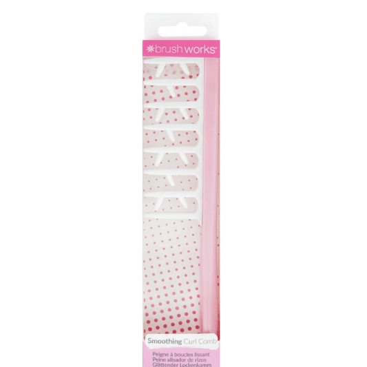 Brushworks Smoothing Curl Comb packaging with ergonomic design for effortlessly separating and smoothing curls.