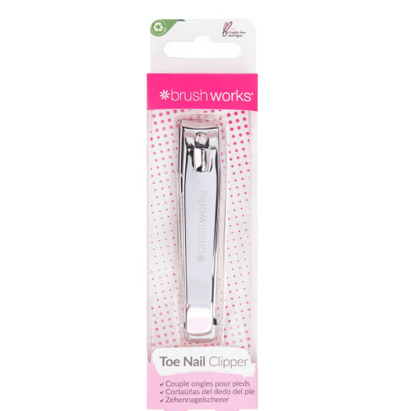 Brushworks Toe Nail Clipper packaging with clear stainless steel design for safe and precise nail trimming.