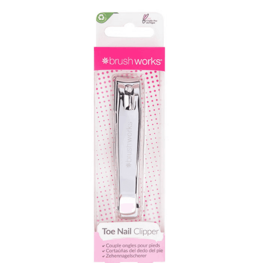 Brushworks Toe Nail Clipper packaging with clear stainless steel design for safe and precise nail trimming.