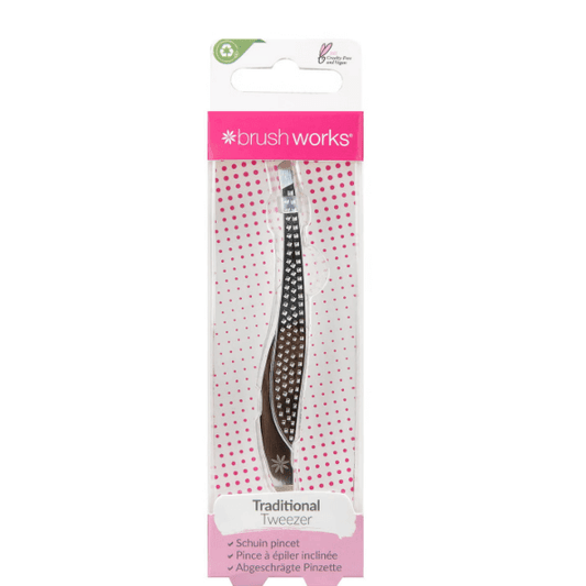 Brushworks Traditional Tweezers in packaging, featuring slanted design and durable stainless steel for precise grooming.