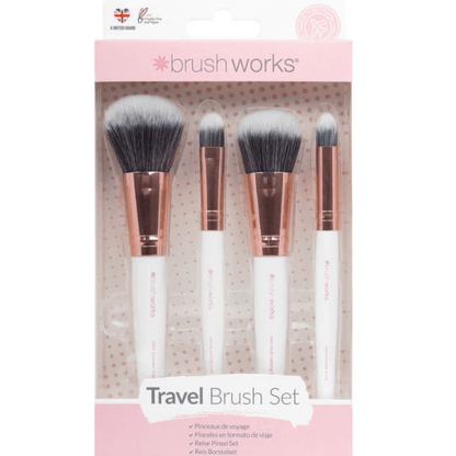 Brushworks Travel Brush Set in white and rose gold, featuring four essential makeup brushes for on-the-go beauty.