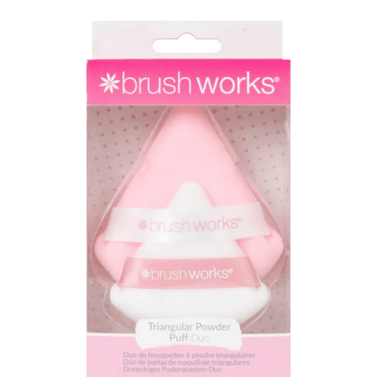 Brushworks Triangle Powder Puff Duo packaging showing two triangular sponges for flawless loose powder application.