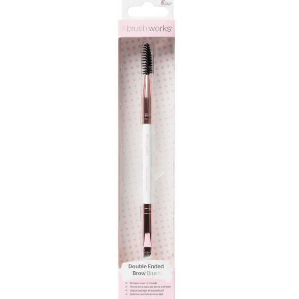 Brushworks White and Gold Brow Duo Brush, double-ended tool for taming and defining brows with vegan synthetic fibres.