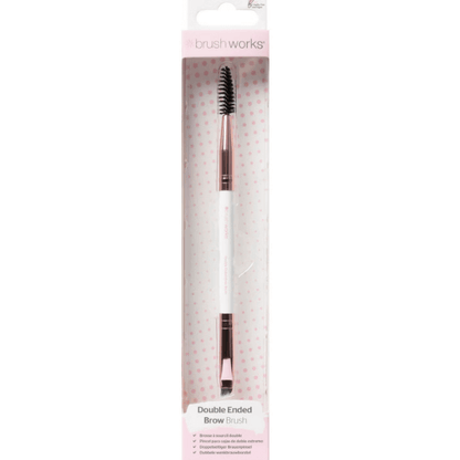 Brushworks White and Gold Brow Duo Brush, double-ended tool for taming and defining brows with vegan synthetic fibres.