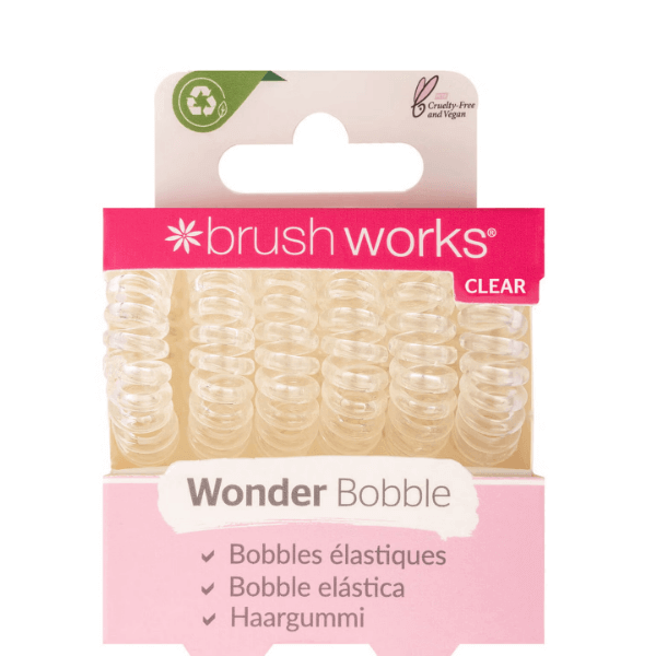 Brushworks Wonder Bobble - Clear, pack of 6 transparent hair ties, ideal for holding hair without headaches.
