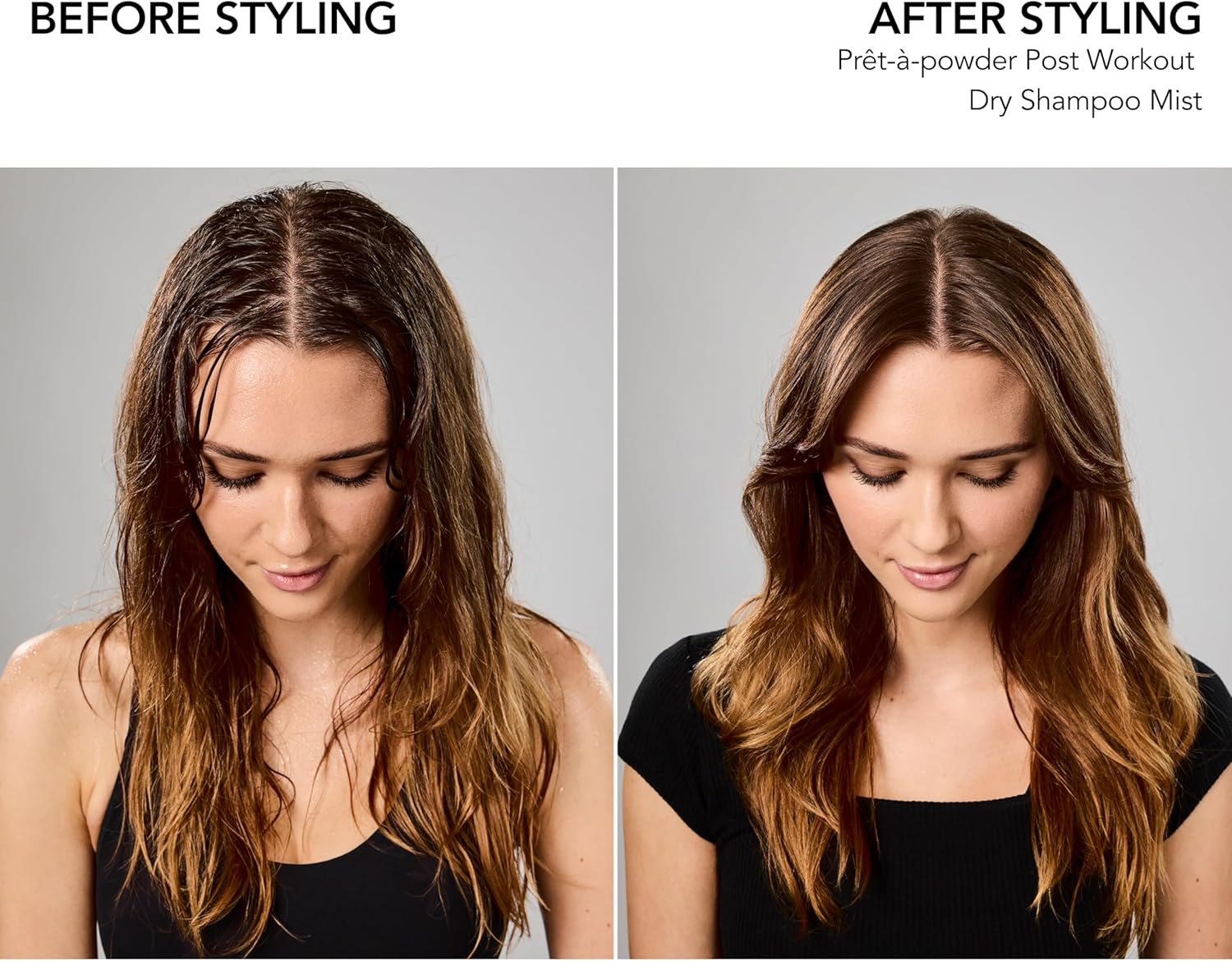 Before and after styling comparison of a woman's hair with text indicating Bumble & Bumble product use.