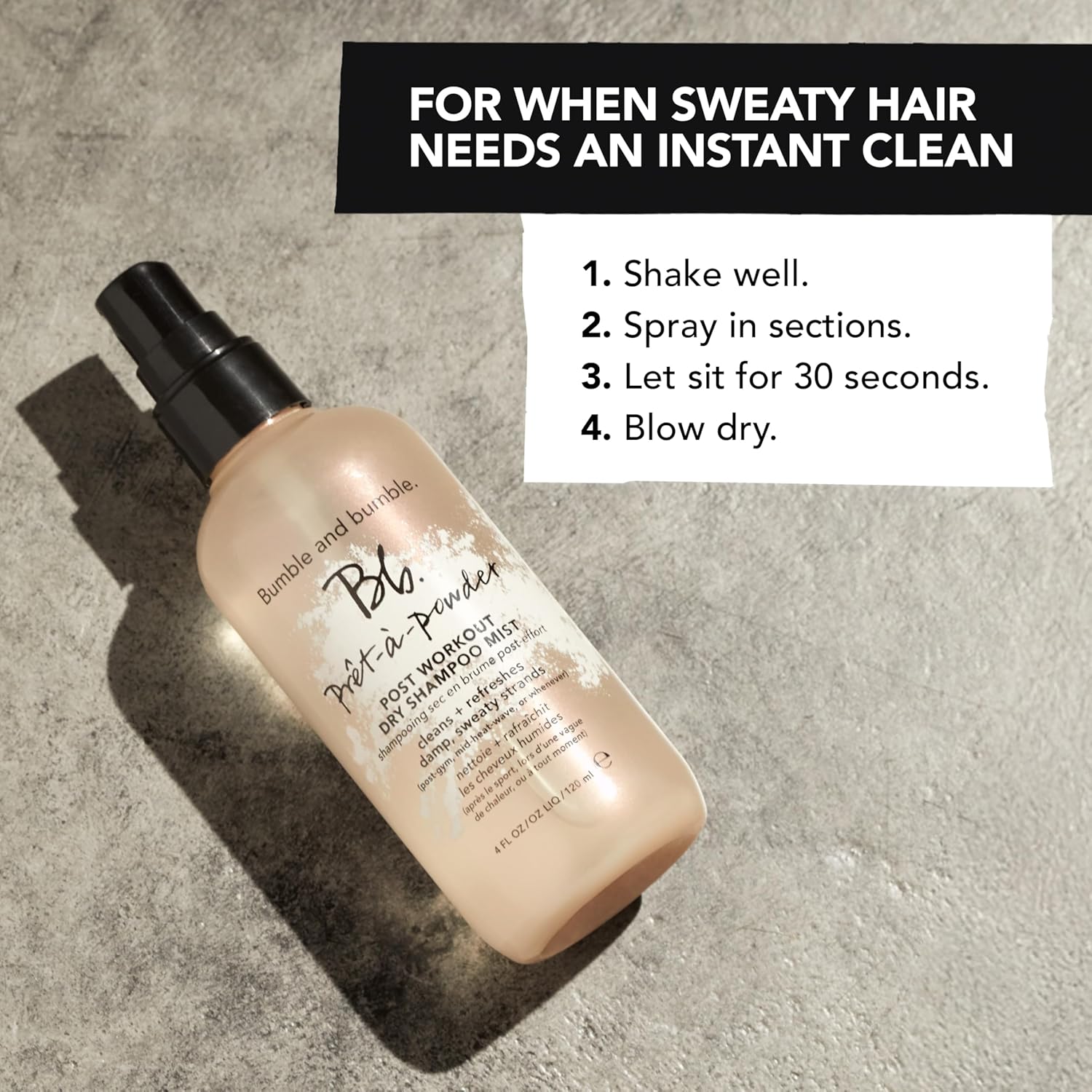 Bumble & Bumble hair product bottle on a textured surface with usage instructions.