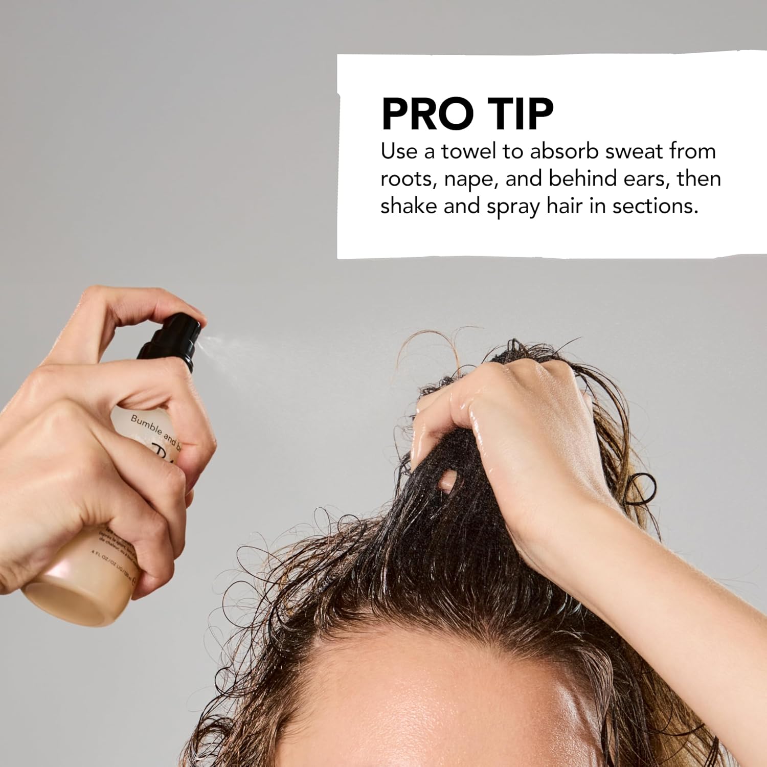 Person using Bumble & Bumble hair product with a towel on a gray background, featuring a pro tip about hair care.