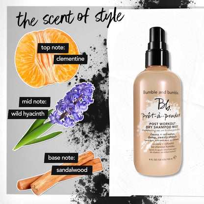 Bottle of Bumble & Bumble dry shampoo mist with a floral flavor profile on the left.