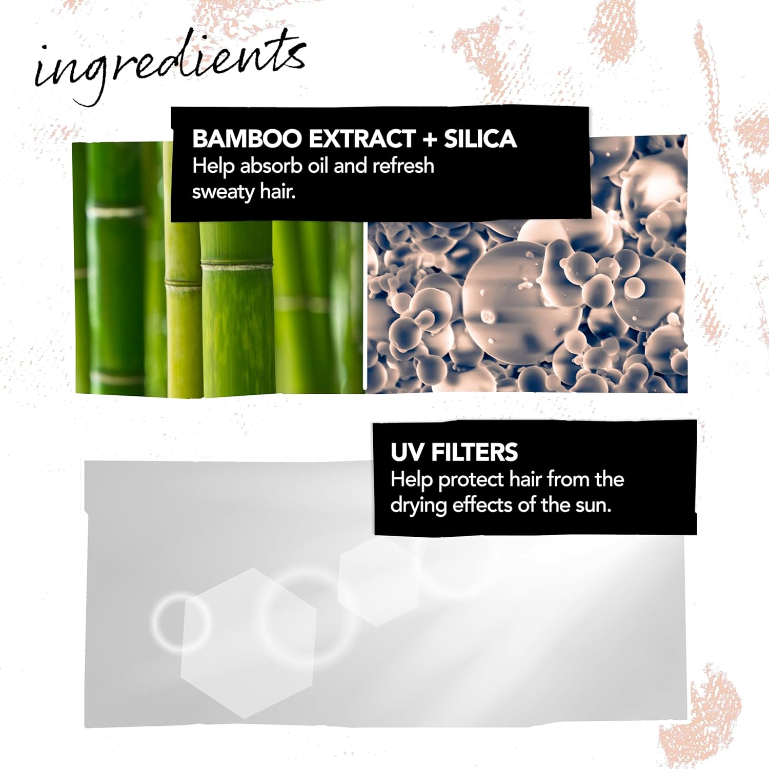 Bumble & Bumble Product ingredients with bamboo extract, silica, and UV filters on a white background.