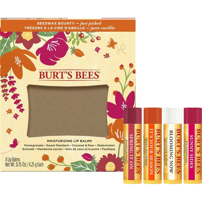 Burt's Bees Lip Balm Pack 4 x 4.25g featuring four colorful tubes of moisturizing lip balms in a floral box.