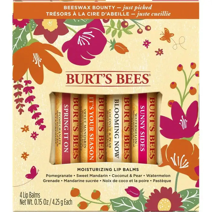 Burt's Bees Lip Balm Pack 4 x 4.25g featuring natural flavors like pomegranate and coconut, perfect for hydration. #thegoodvibes.