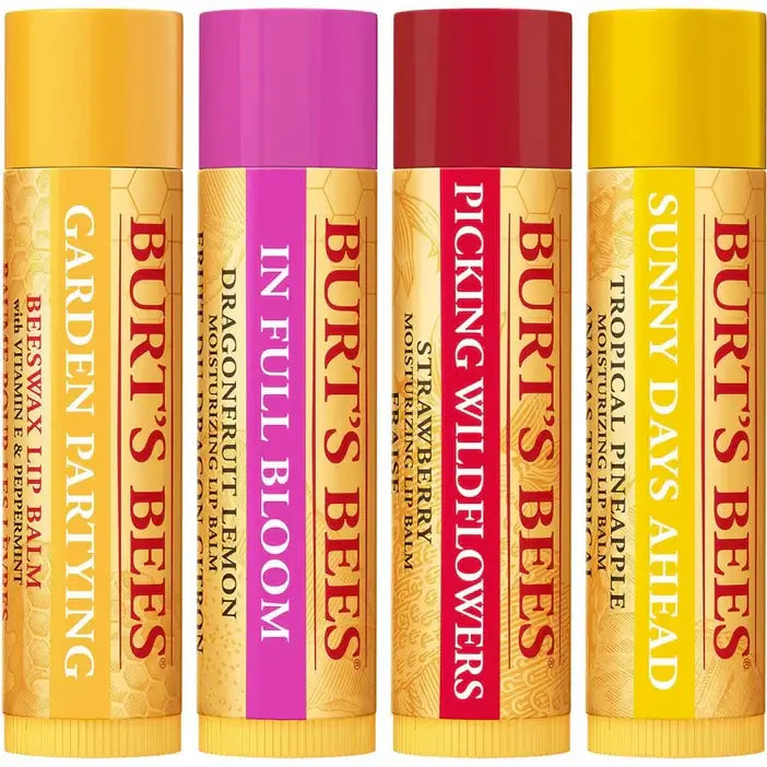 Burt's Bees Lip Balm Pack 4 x 4.25g featuring Garden Party, In Full Bloom, Picking Wildflowers, and Sunny Days Ahead.