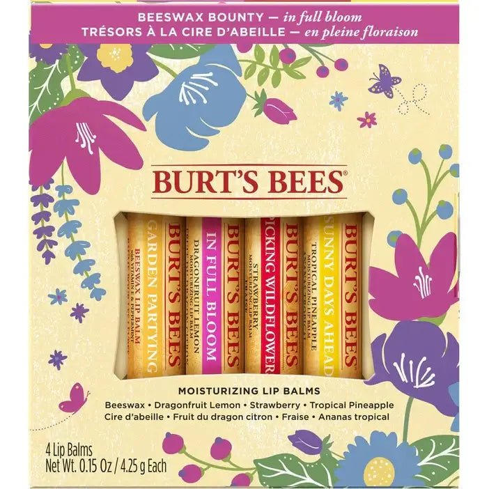 Burt's Bees Lip Balm Pack 4 x 4.25g featuring four vibrant flavors and natural hydration.