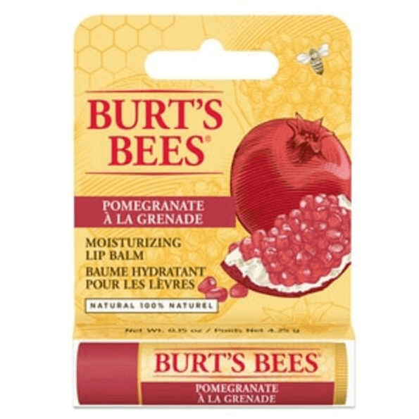 Burt's Bees Pomegranate Lip Balm packaging, 4.25g, moisturizing formula with natural ingredients.