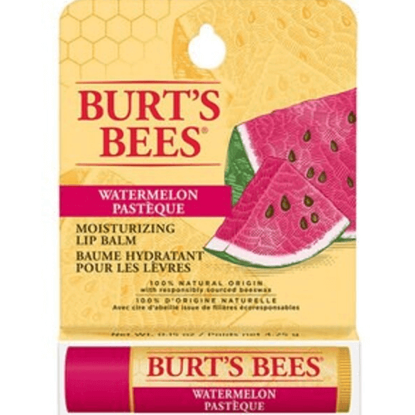 Burt's Bees Watermelon Moisturizing Lip Balm packaging showing vibrant watermelon design for soft, hydrated lips.