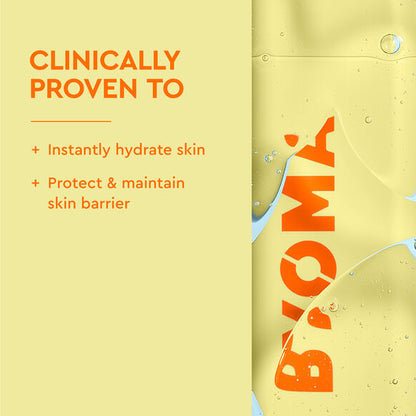 Promotional graphic for a BYOMA skincare product with text and brand logo on a yellow background