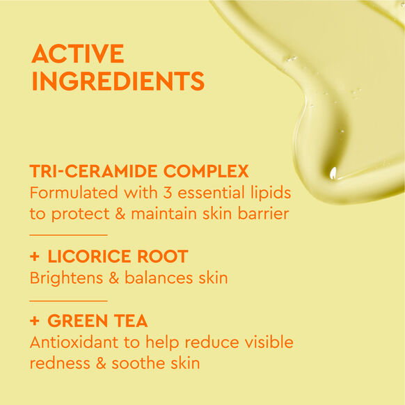BYOMA Active ingredients list with Tri-Ceramide Complex, Licorice Root, and Green Tea on a yellow background.