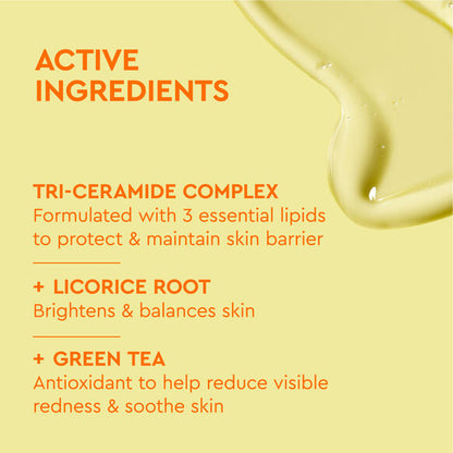 BYOMA Active ingredients list with Tri-Ceramide Complex, Licorice Root, and Green Tea on a yellow background.