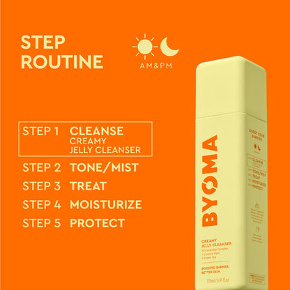 BYOMA creamy jelly cleanser with step routine on an orange background
