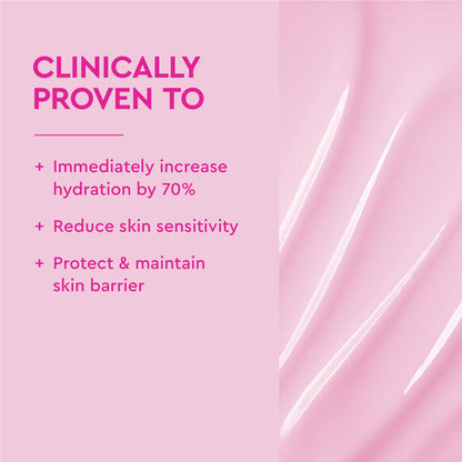 BYOMA Pink background with text highlighting skincare benefits on the left side