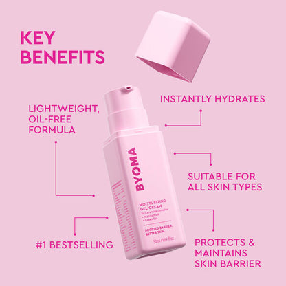 BYOMA moisturizing gel-cream bottle with key benefits on a pink background