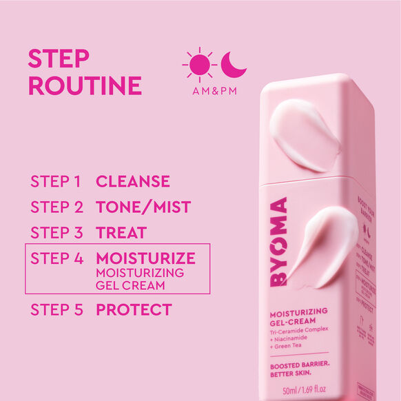 BYOMA moisturizing gel cream packaging with step routine on a pink background