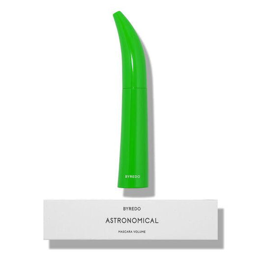 Byredo Astronomical Mascara in bright green packaging, designed to add volume and curl to lashes.