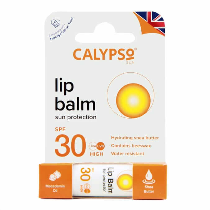 Calypso Lip Balm SPF 30 packaging, with shea butter, beeswax, and sun protection features, ideal for hydration.