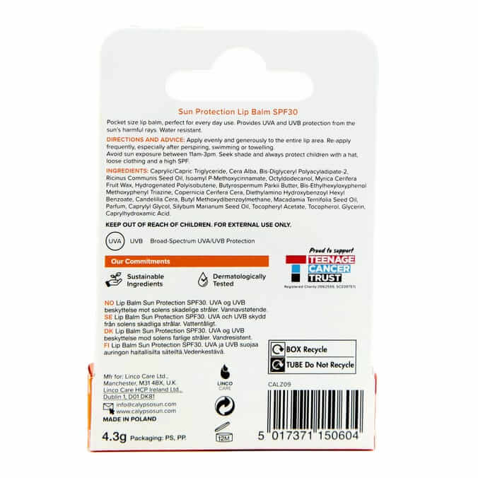 Calypso Lip Balm SPF 30 packaging showing sun protection ingredients and usage instructions for effective lip care.