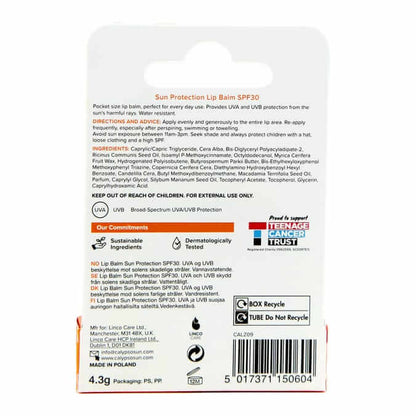 Calypso Lip Balm SPF 30 packaging showing sun protection ingredients and usage instructions for effective lip care.