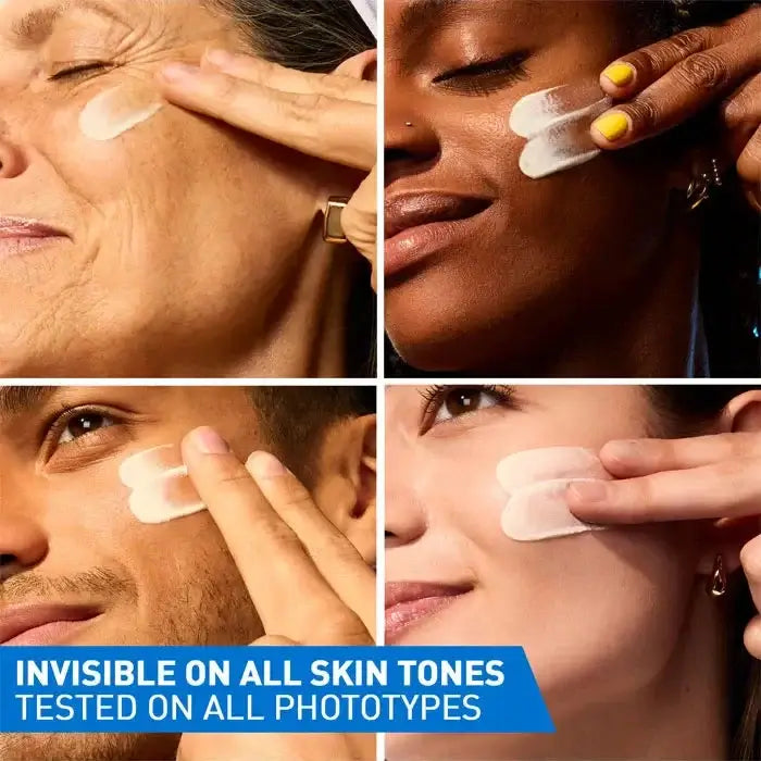 CeraVe Collage of four people applying a product to their faces with text 'Invisible on all skin tones, tested on all phototypes'.