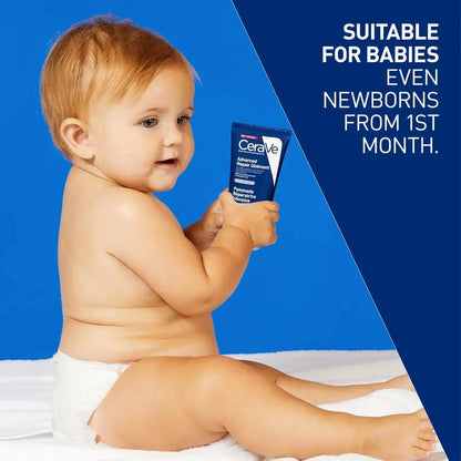 Baby holding CeraVe Advanced Repair Ointment, suitable for newborns and very dry skin.