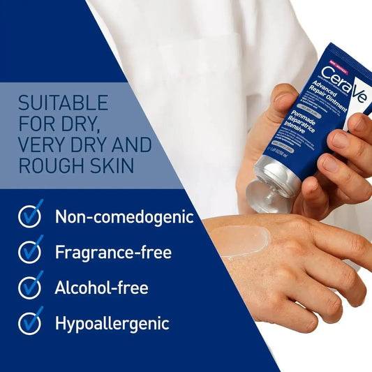 CeraVe Advanced Repair Ointment for very dry skin, non-comedogenic, fragrance-free, alcohol-free, hypoallergenic.