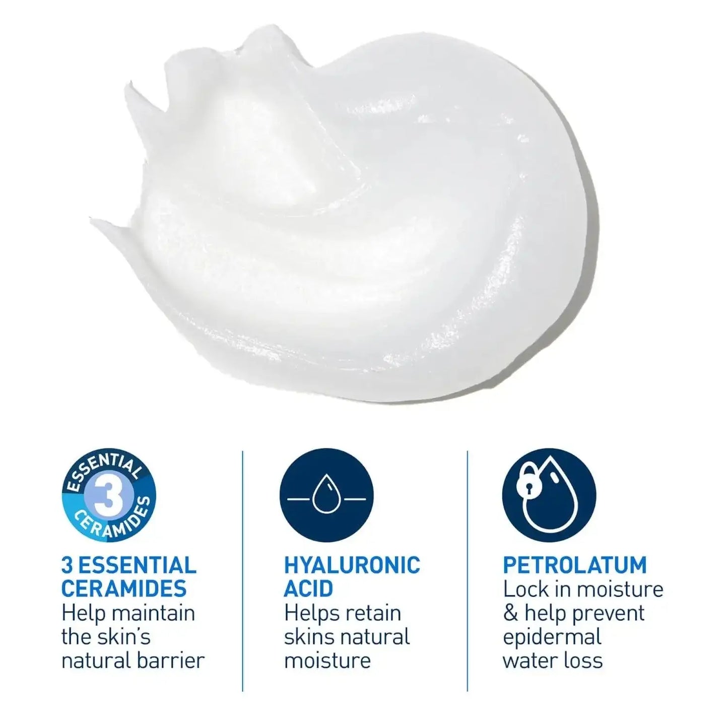 Close-up of CeraVe Advanced Repair Ointment texture highlighting ceramides, hyaluronic acid, and petrolatum benefits.
