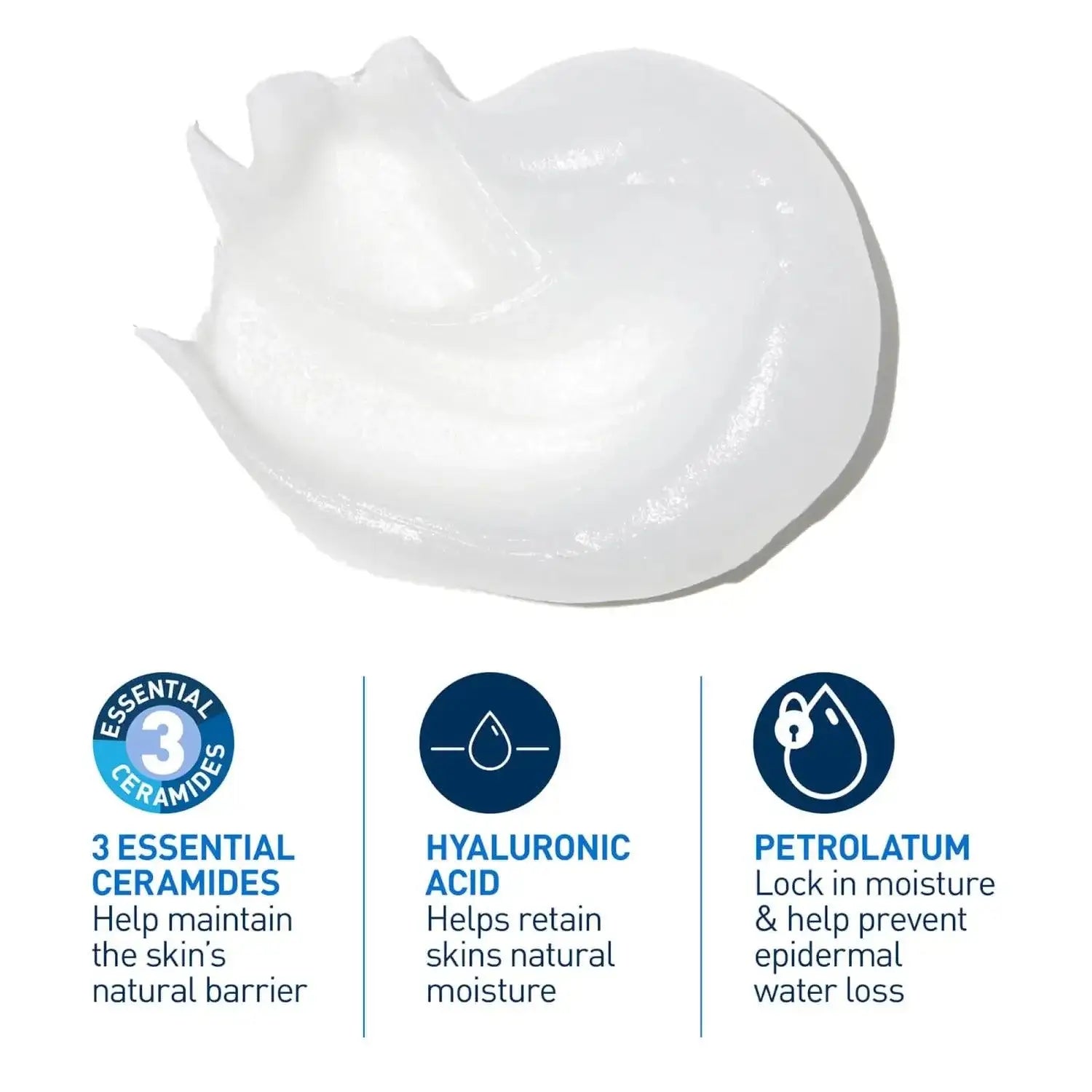 Close-up of CeraVe Advanced Repair Ointment texture highlighting ceramides, hyaluronic acid, and petrolatum benefits.