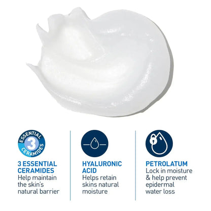 Close-up of CeraVe Advanced Repair Ointment texture highlighting ceramides, hyaluronic acid, and petrolatum benefits.